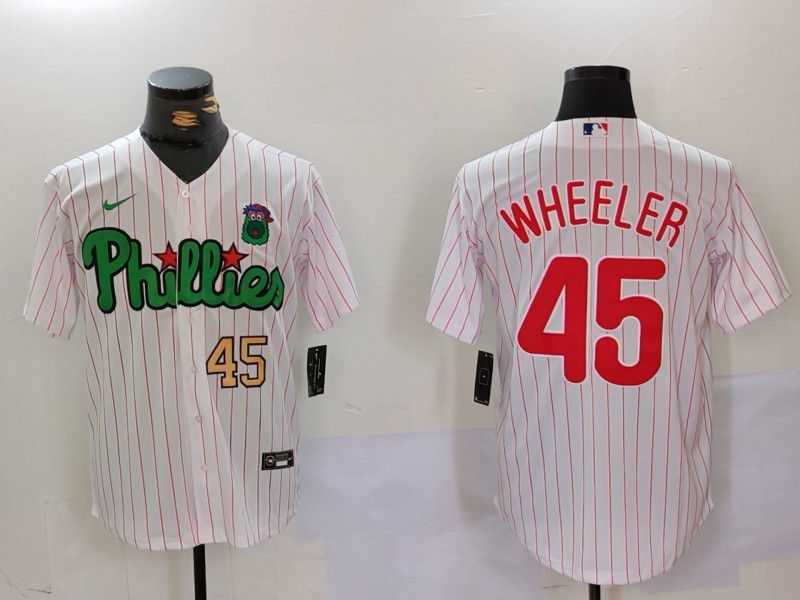 Men Philadelphia Phillies #45 Wheeler White stripe Second generation Joint Name 2024 Nike MLB Jersey style 2